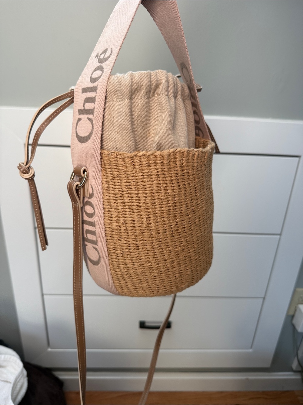 Chloé Tan Woven Bucket Bag with Pink Logo Strap